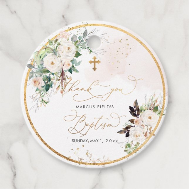 Étiquettes Cadeau PixDezines aquarelle rose pâle roses Baptême Fav (Devant)