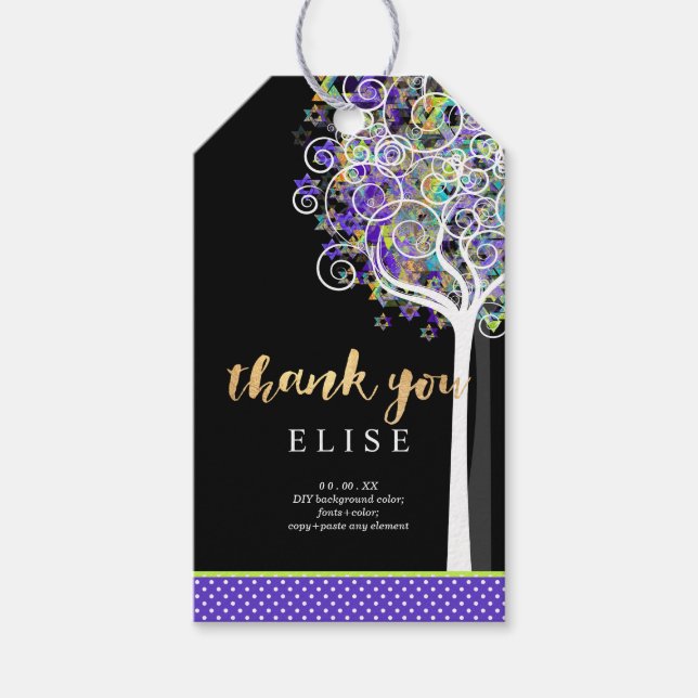 Étiquettes-cadeau PixDezines Arbre de vie Bat mitzvah/pourpre (Devant)