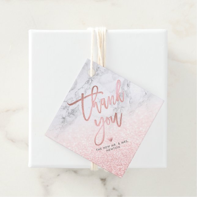 Étiquettes Cadeau PixDezines Blush Snow Bokeh+Marble Merci (En situation)