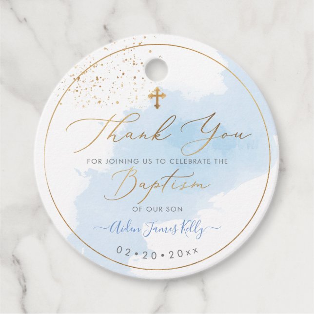 Étiquettes Cadeau PixDezines H2 Blue Gold Dust Baptism Merci (Devant)
