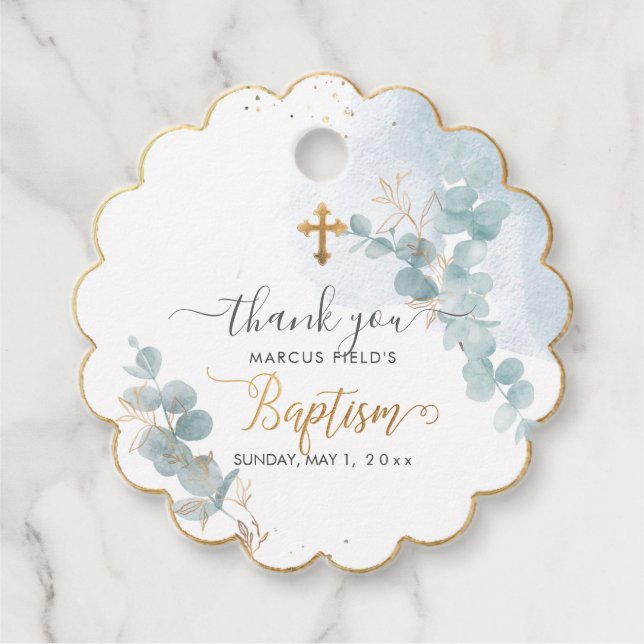 Étiquettes Cadeau PixDezines H2 Blue Gum Eucalyptus Baptême (Devant)