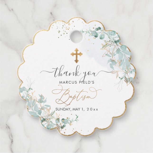 Étiquettes Cadeau PixDezines H2 Dusty Blue Gum Eucalyptus Baptême (Devant)