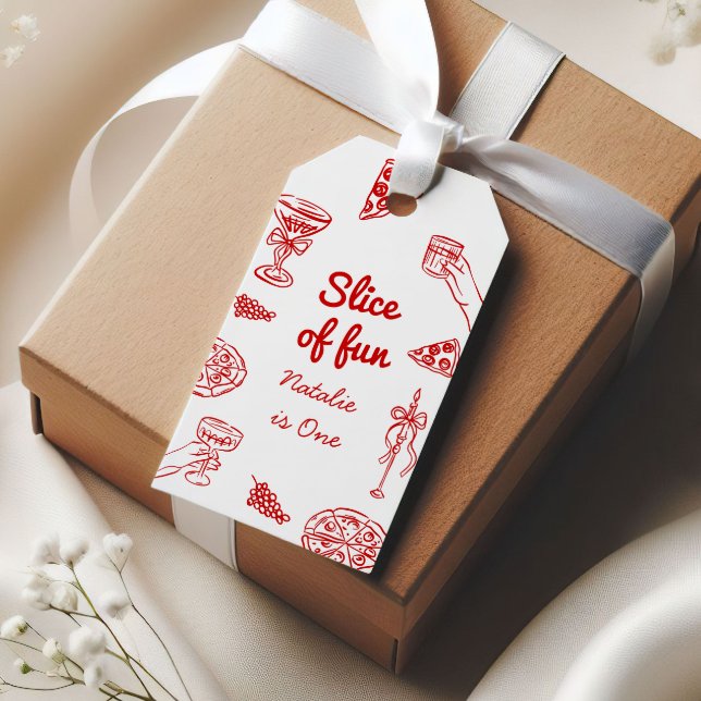 Étiquettes-cadeau Pizza 1ère Main Écrite Tiré Slice Of Fun Anniversa (Créateur téléchargé)