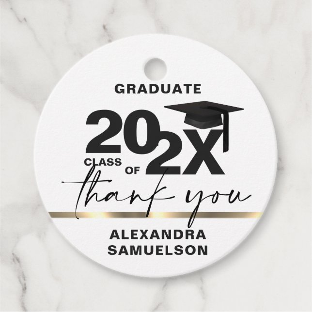 Étiquettes Cadeau Plafond de diplôme moderne Année Or Blanc | MERCI (Devant)