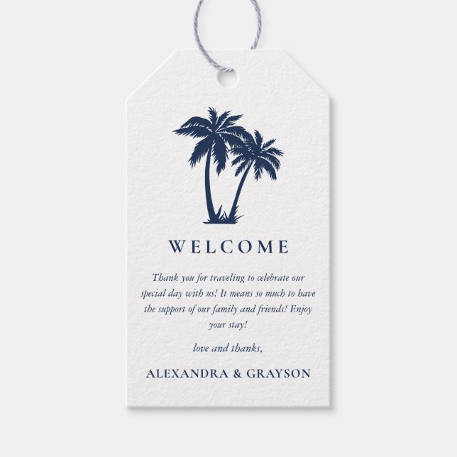 Étiquettes-cadeau Plage aux palmiers mariage nautique bleu nuit  (Devant)