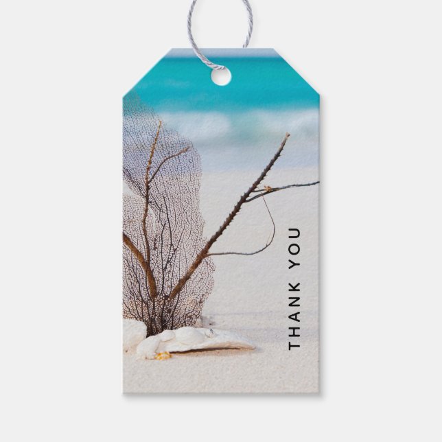 Étiquettes-cadeau Plage de sable avec Merci de coquillages blancs (Devant)