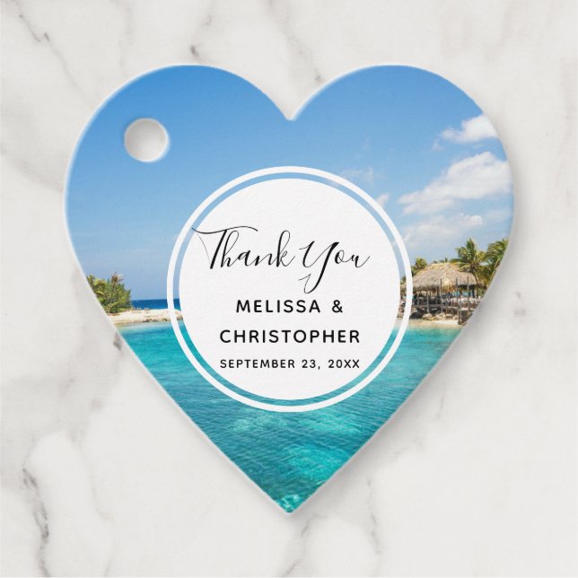 Étiquettes Cadeau Plage tropicale pittoresque avec Merci de paillote (Devant)