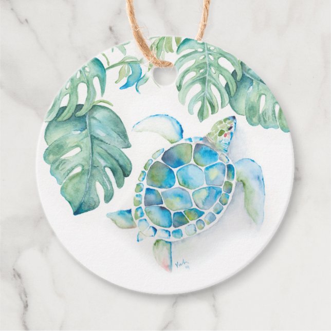 Étiquettes Cadeau Plage Tropicale Tortue de Mer Aquarelle Turquoise (Devant)