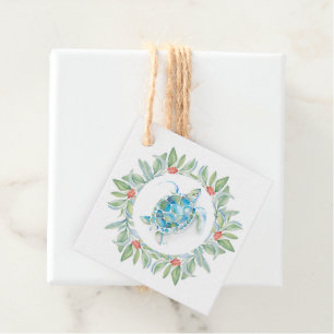 Étiquettes Cadeau Plage unique Noël Aquarelle Tortue de mer
