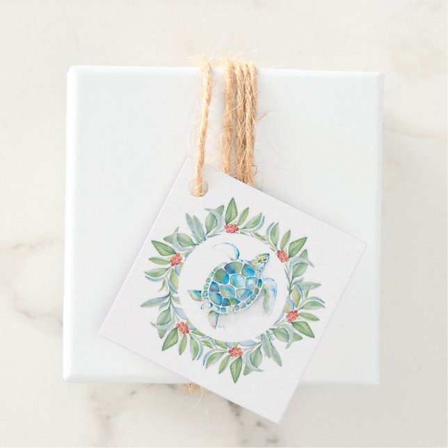 Étiquettes Cadeau Plage unique Noël Aquarelle Tortue de mer (En situation)