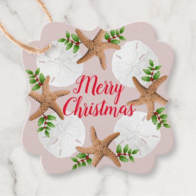 Étiquettes Cadeau Plage Wreath Dollars de sable Starfish Noël (Devant)