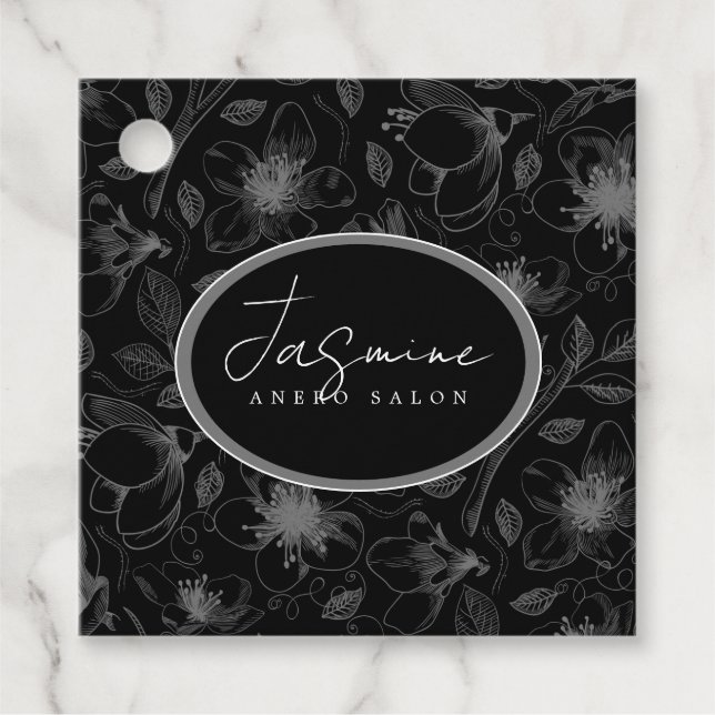 Étiquettes Cadeau Plan floral esquissé QR Code gris/noir ID939 (Devant)