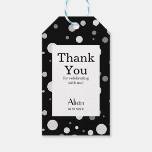 Étiquettes-cadeau Platine gris argenté Polka Merci noir