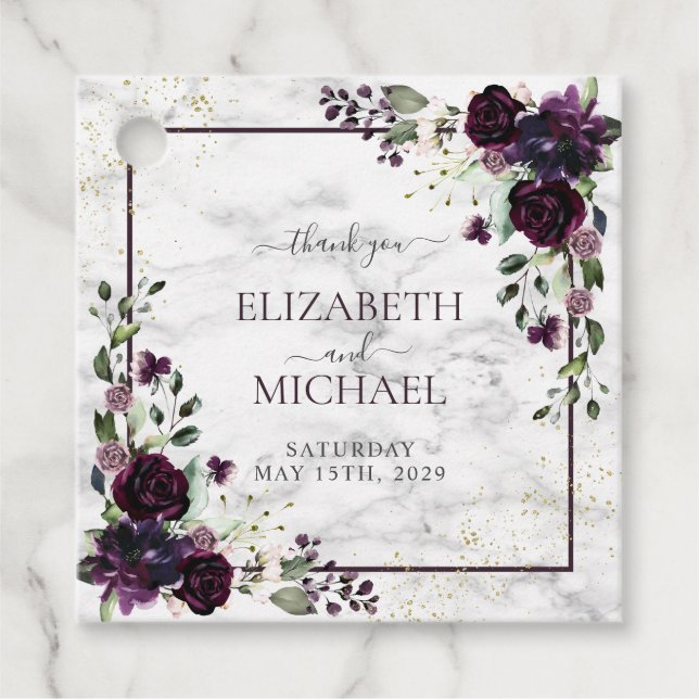 Étiquettes Cadeau Plum violet or marbre Aquarelle Mariage de automne (Devant)