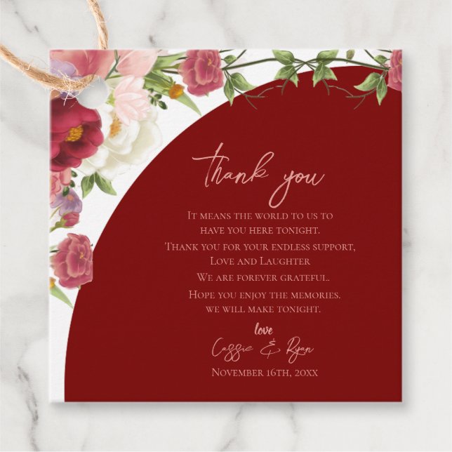 Étiquettes Cadeau Pocher Floral Red Arch Mariage message Merci (Devant)
