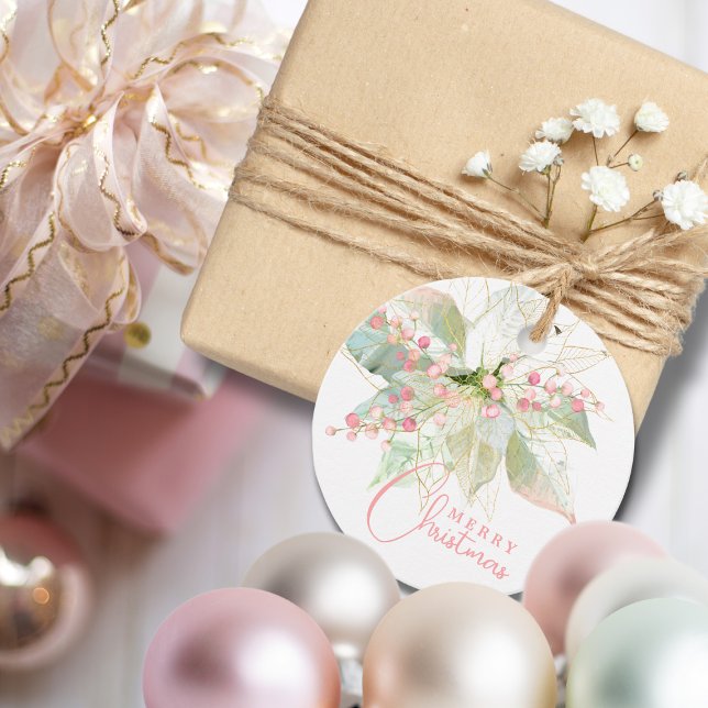 Étiquettes Cadeau Poinsettia Pastel Rose or Chic Joyeux Noël (Créateur téléchargé)