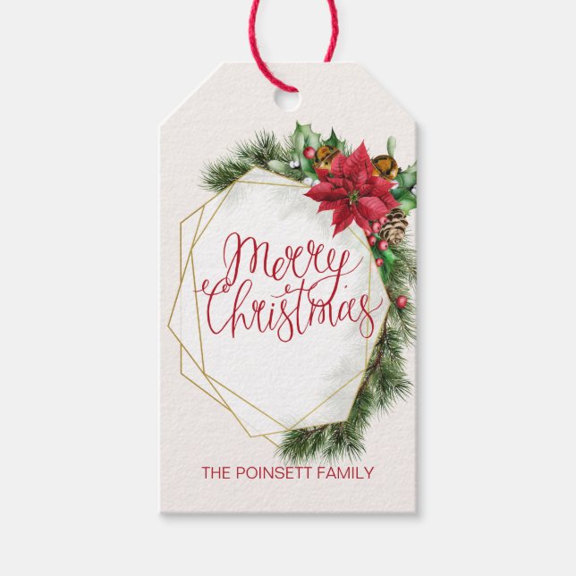 Étiquettes-cadeau Poinsettia, sainte, pin, cône Noël (Devant)