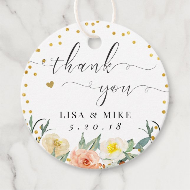 Étiquettes Cadeau Points d'or floral Merci Mariage rond (Devant)