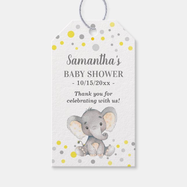 Étiquettes-cadeau Points gris Jaune Eléphant Baby shower Invité Favo (Devant)