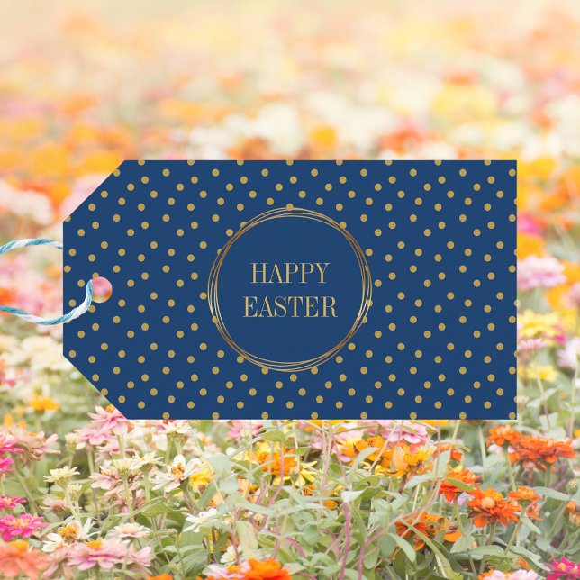 Étiquettes-cadeau Pois d'or moderne mignon Christian Happy Pâques (Cute Modern Blue Gold Polka Dots Christian Happy Easter Gift Tags)