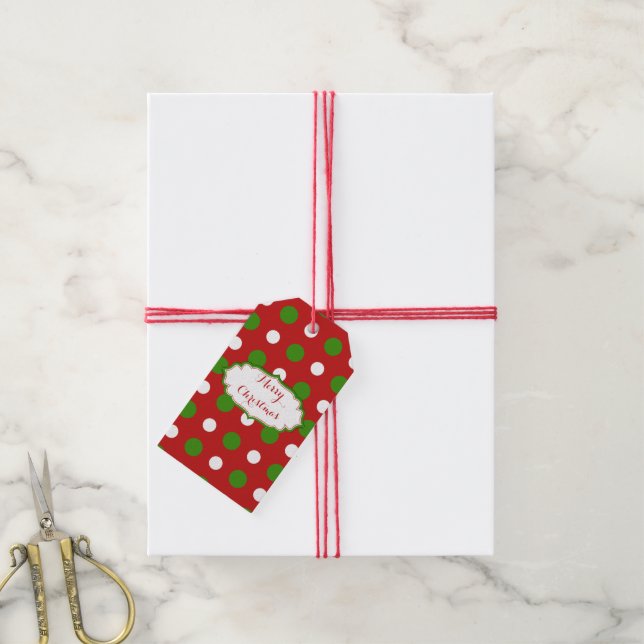 Étiquettes-cadeau Pois verts et blancs sur le rouge de Noël (Avec de la ficelle)
