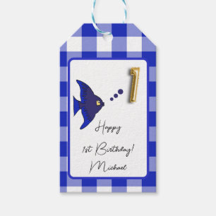 Étiquettes-cadeau Poisson tropical, En vichy bleu Joyeux 1er anniver