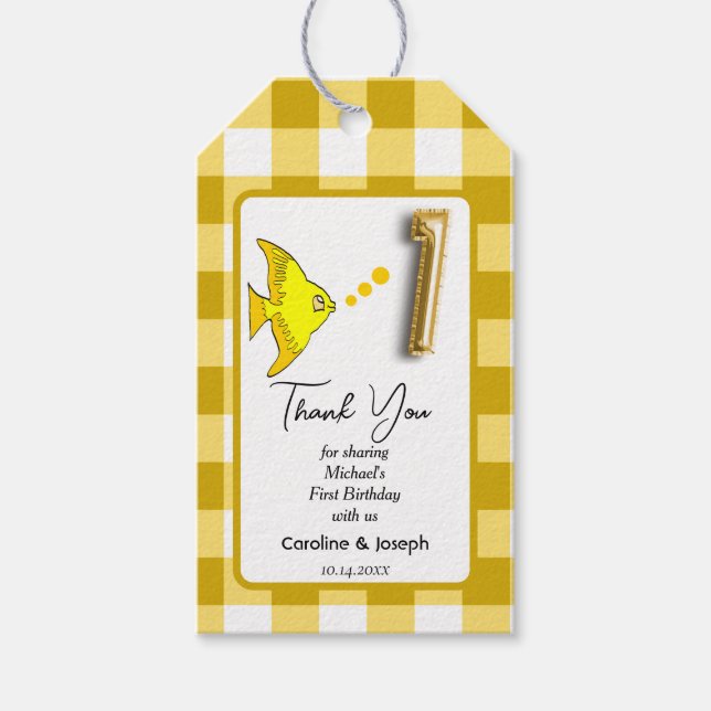 Étiquettes-cadeau Poisson tropical, Jaune En vichy Merci (Devant)