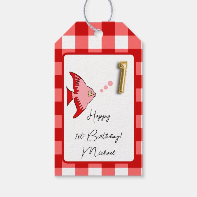 Étiquettes-cadeau Poisson Tropical Rouge En vichy Joyeux 1er anniver (Devant)