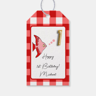 Étiquettes-cadeau Poisson Tropical Rouge Gingham Joyeux 1er Annivers