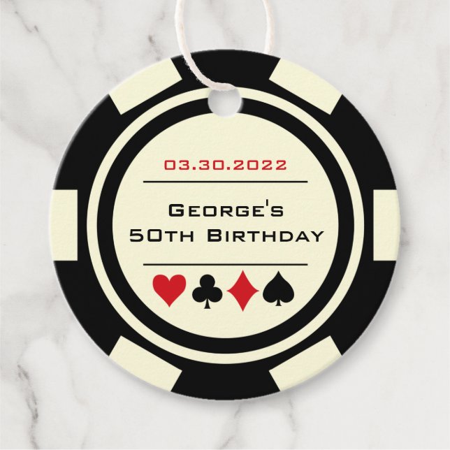 Étiquettes Cadeau Poker Chip Casino Noir Blanc Anniversaire (Devant)