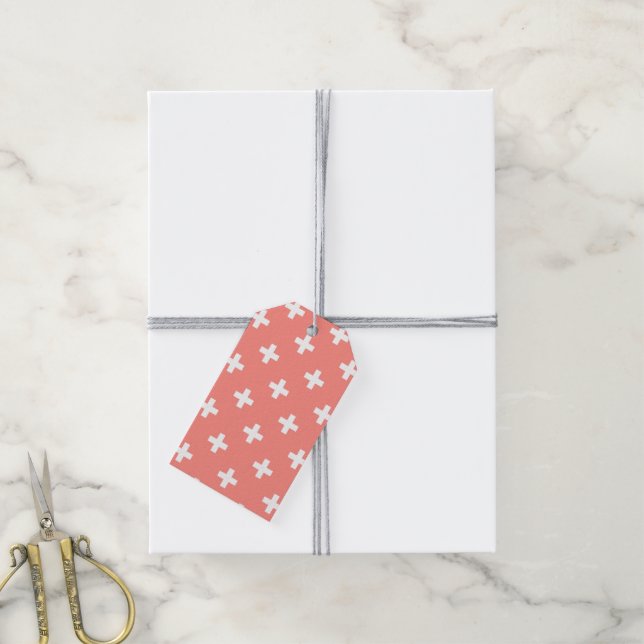 Étiquettes-cadeau Polka blanche croise sur la pêche (Avec de la ficelle)