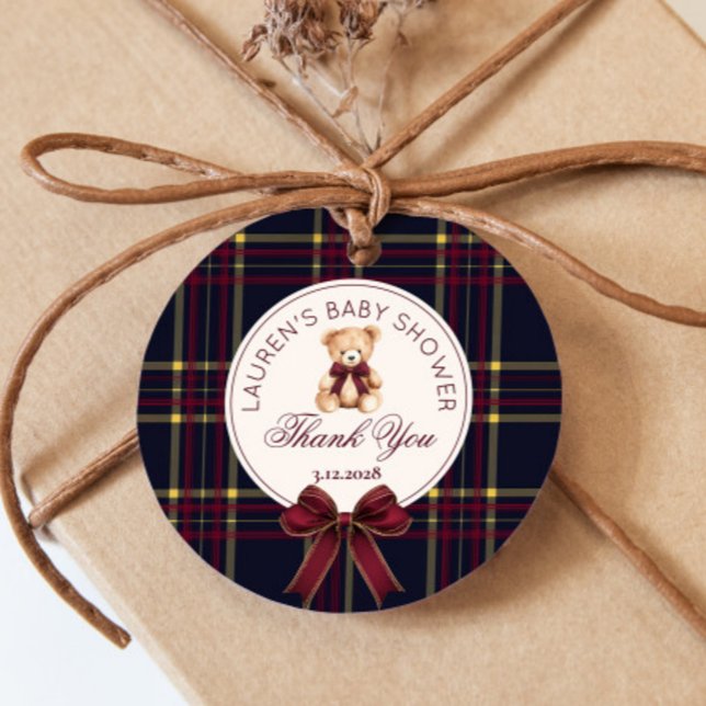 Étiquettes Cadeau Polo Teddy Bear Noël Bow Plaid Merci (Créateur téléchargé)