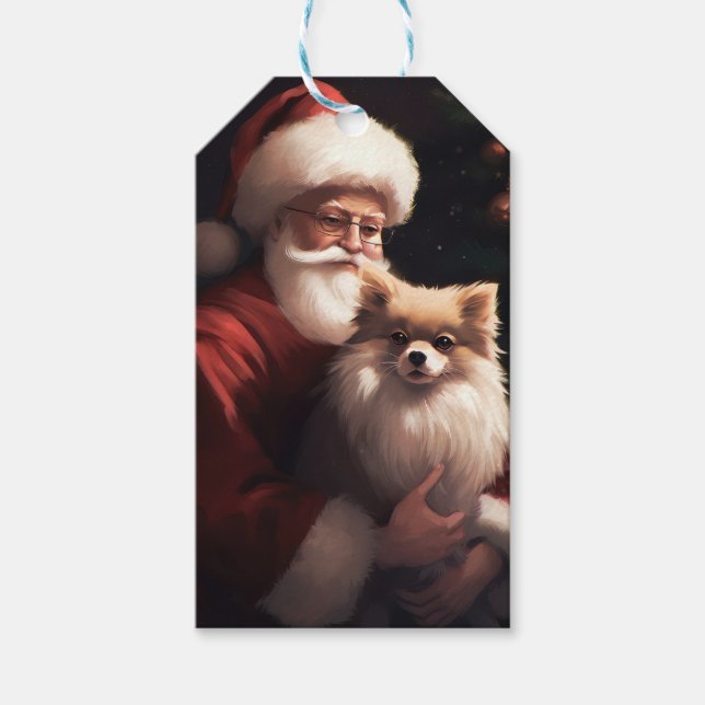 Étiquettes-cadeau Poméranien avec Noël Festif du Père Noël (Devant)