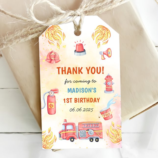 Étiquettes-cadeau Pompier Camion 1er fête d'anniversaire (Créateur téléchargé)