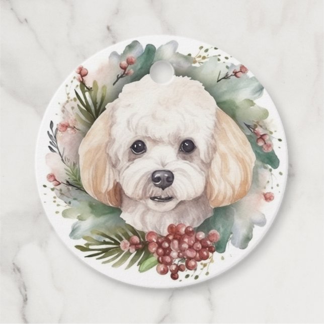 Étiquettes Cadeau Poodle Noël Wreath Festive Pup (Devant)