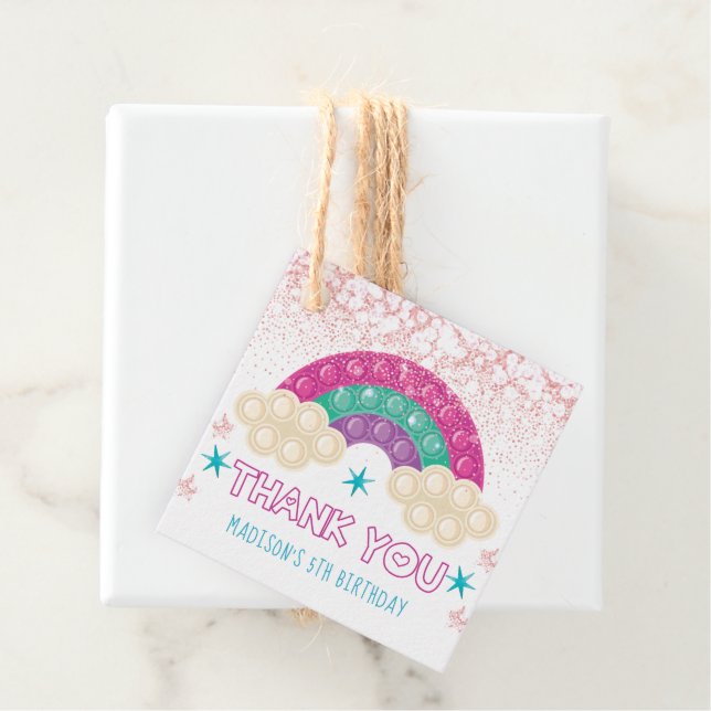 Étiquettes Cadeau Pop It Anniversaire Merci Rainbow Parties scintill (En situation)
