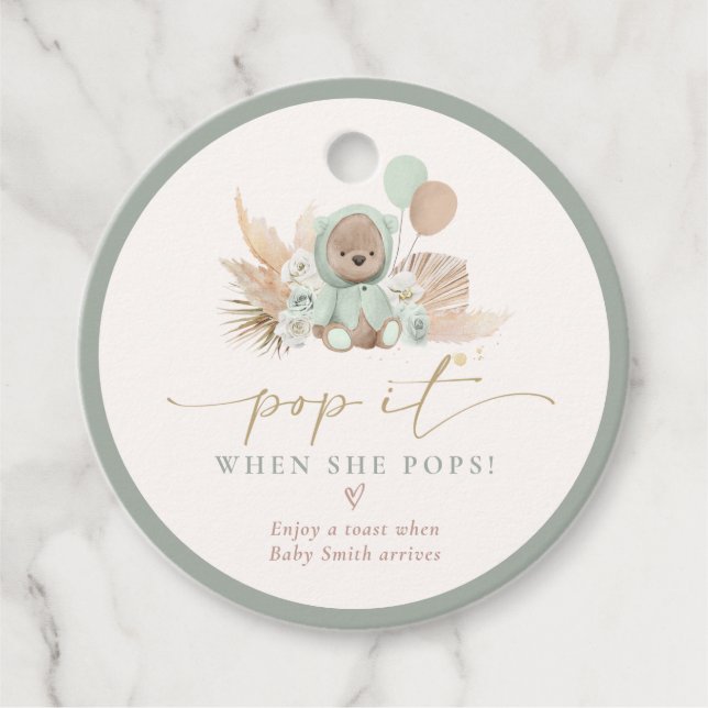 Étiquettes Cadeau Pop It When She Pops Boho Teddy Bear Baby shower (Devant)