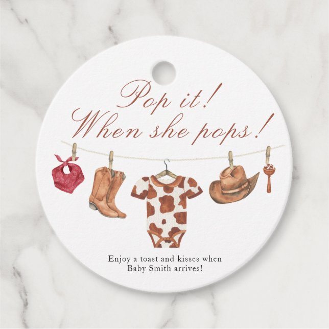 Étiquettes Cadeau Pop it when she pops! - Cowboy Baby shower (Devant)