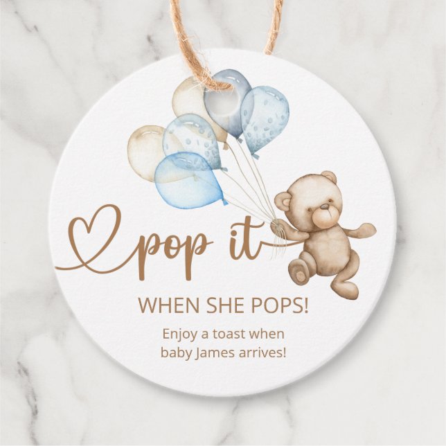 Étiquettes Cadeau Pop It When She Pops Teddy Bear Baby shower (Devant)