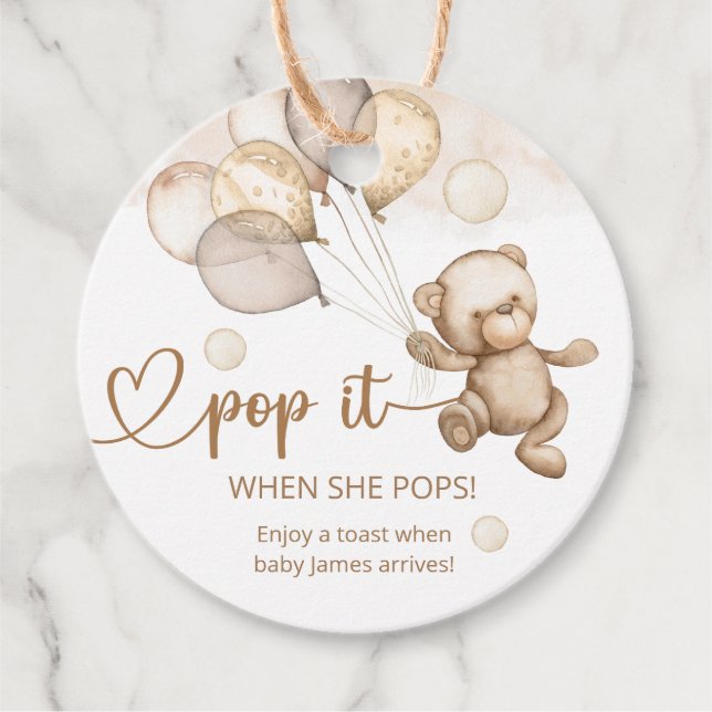 Étiquettes Cadeau Pop It When She Pops Teddy Bear Baby shower (Devant)
