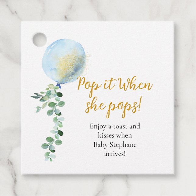 Étiquettes Cadeau Pop quand elle lance le ballon bleu Eucalyptus (Devant)