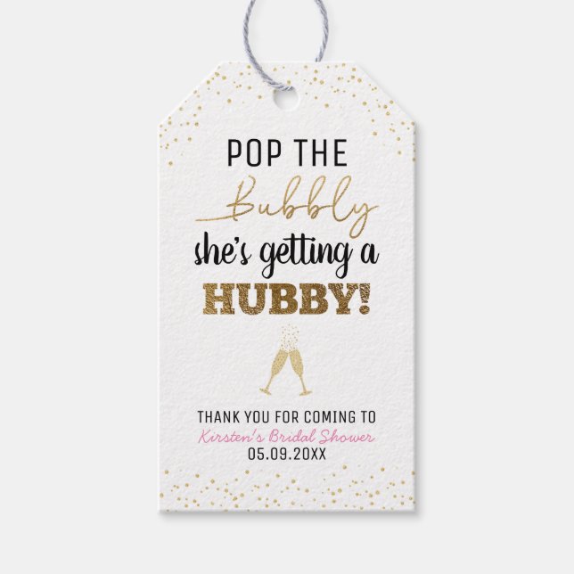 Étiquettes-cadeau Pop the Bubbly, Hubby Fête des mariées Merci (Devant)