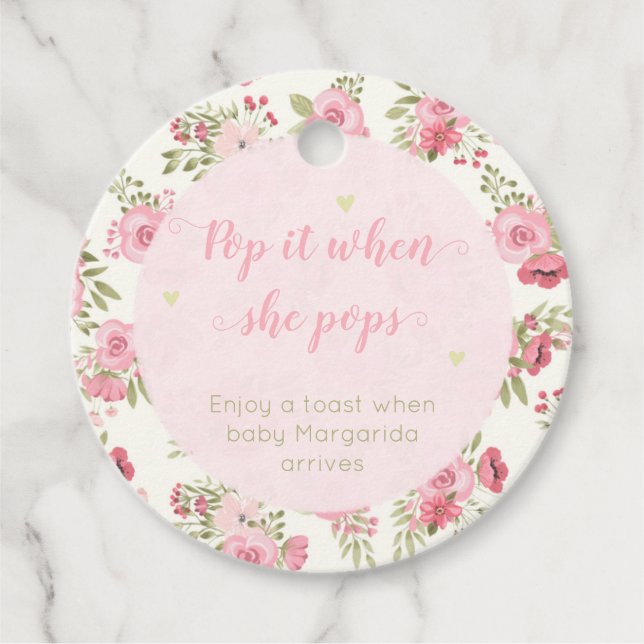 Étiquettes Cadeau Pop When Pops Baby shower Champagne Rose Floral (Devant)