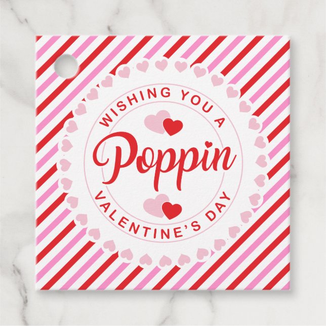 Étiquettes Cadeau Poppin Valentine's Day Pink et Red Stripe (Devant)