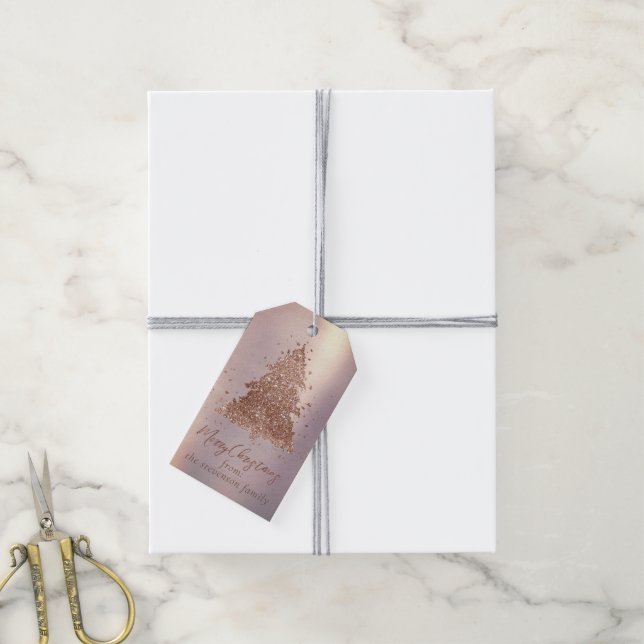 Étiquettes-cadeau Posh Joyeux Noël | Glam Rose Gold Tree personnalis (Avec de la ficelle)