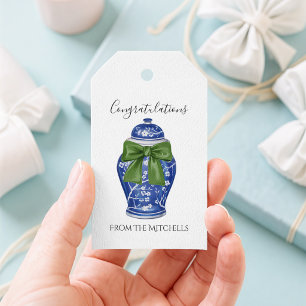 Étiquettes-cadeau Pot à gingembre bleu et blanc avec un nœud vert