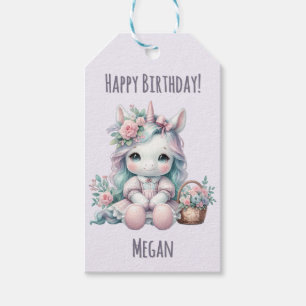 Étiquettes-cadeau Poupée Licorne Kawaii Pastel avec Panier de Fleurs
