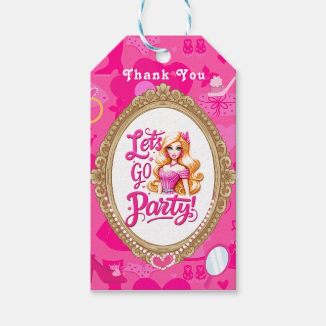 Étiquettes-cadeau Poupée rétro rose Girly Allons faire la fête Anniv (Devant)