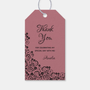 Étiquettes-cadeau Poussière de Quinceañera Rose et Noir en Dentelle