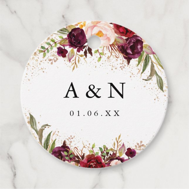 Étiquettes Cadeau Poussière dorée mariage Bourgogne Florale (Devant)